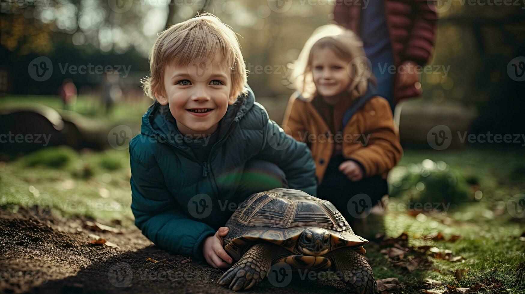 retrato niños con Tortuga en el zoo ai generativo foto