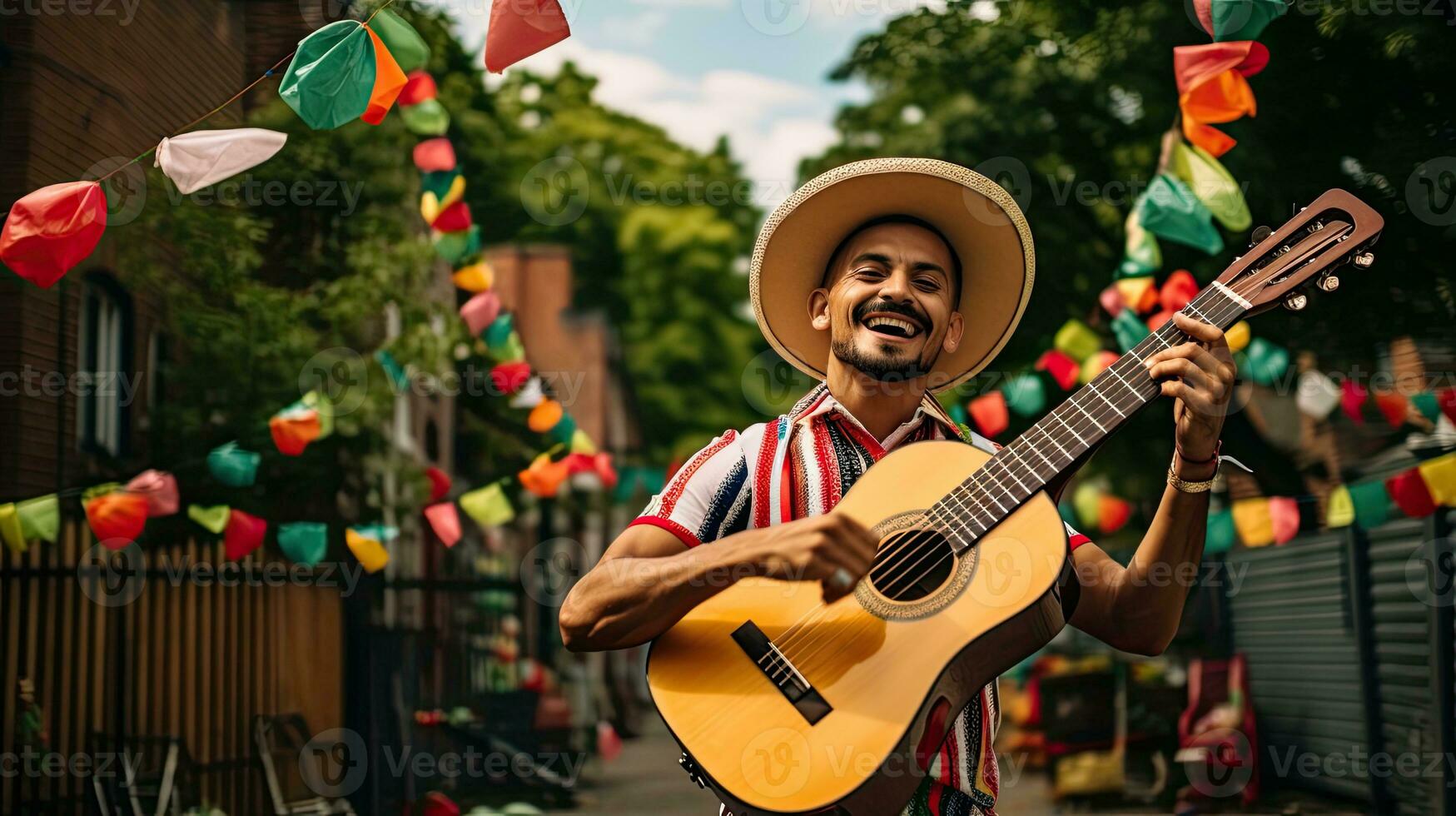Portrait man wearing sombrero playing guitar AI Generative photo