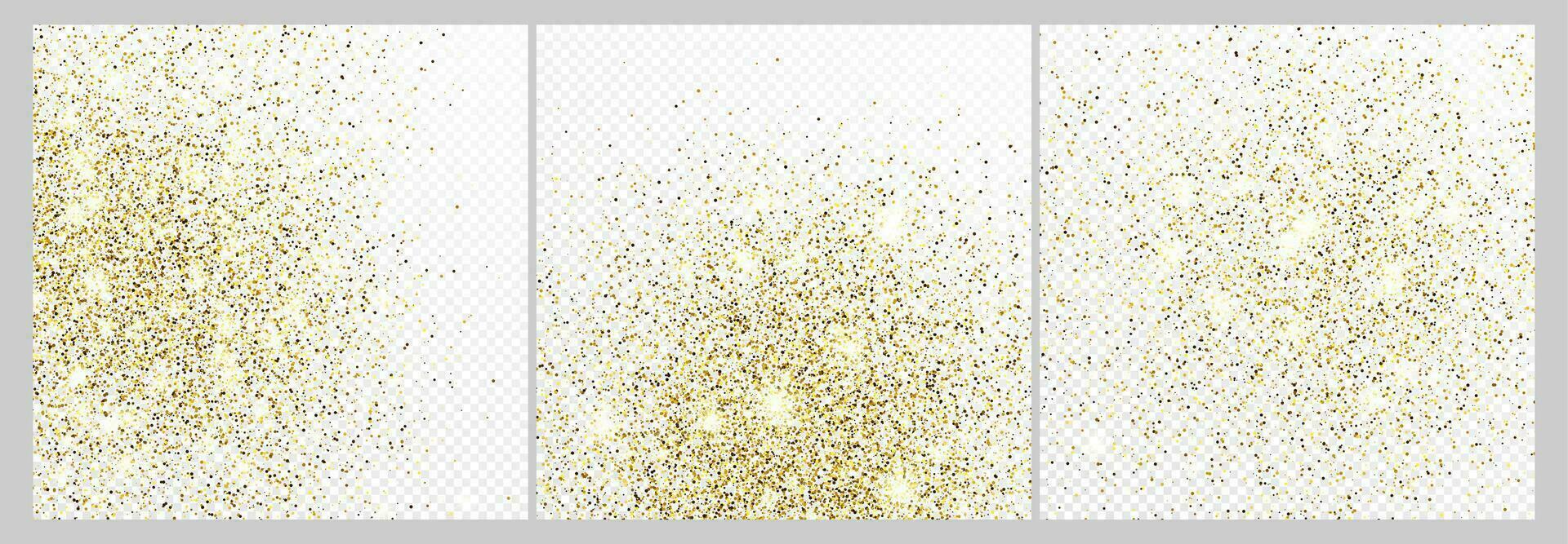 Set of three gold glitter confetti backdrops isolated on white backgrounds. Celebratory texture with shining light effect. Vector illustration.