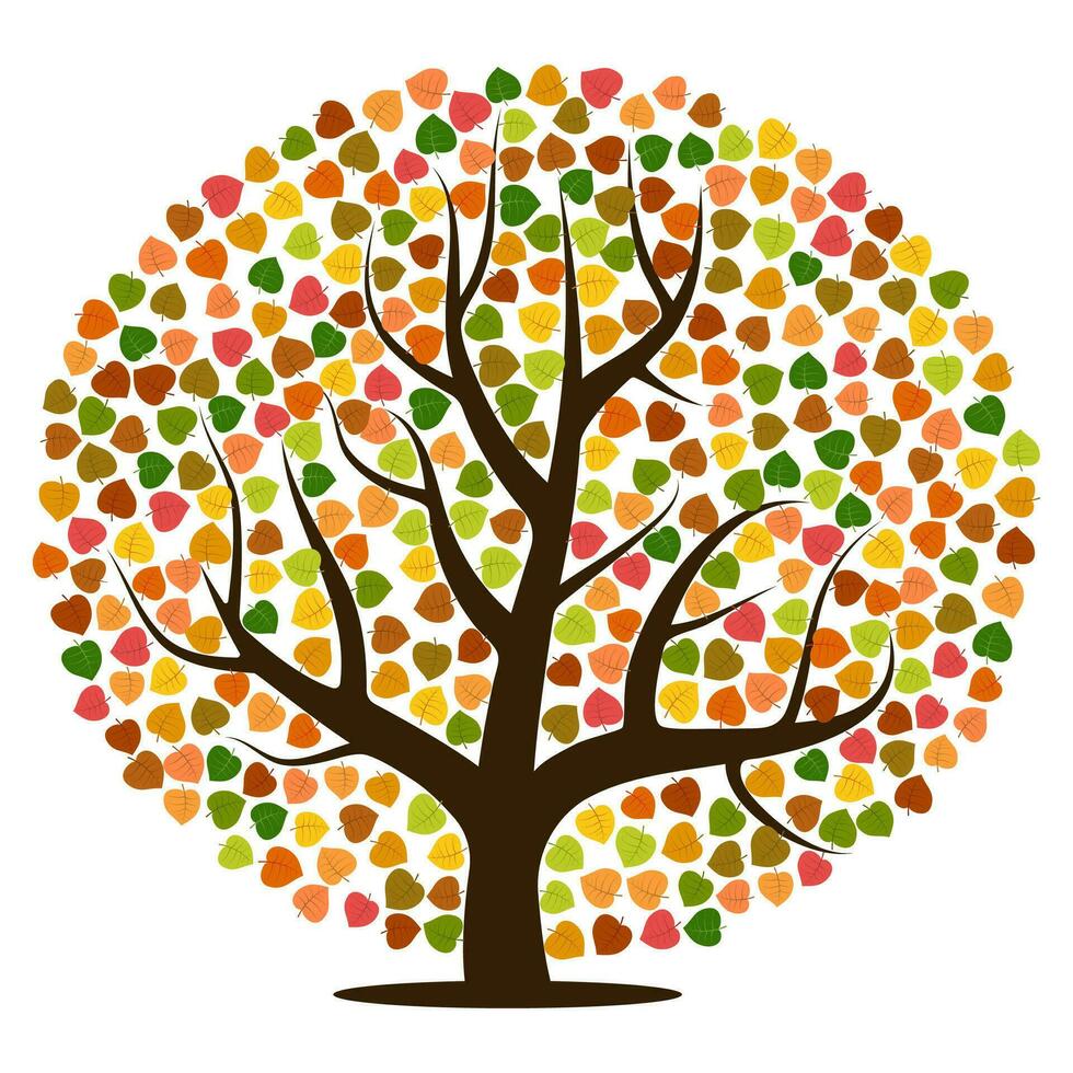 Autumn tree with yellow, orange, brown and green leaves. Vector illustration