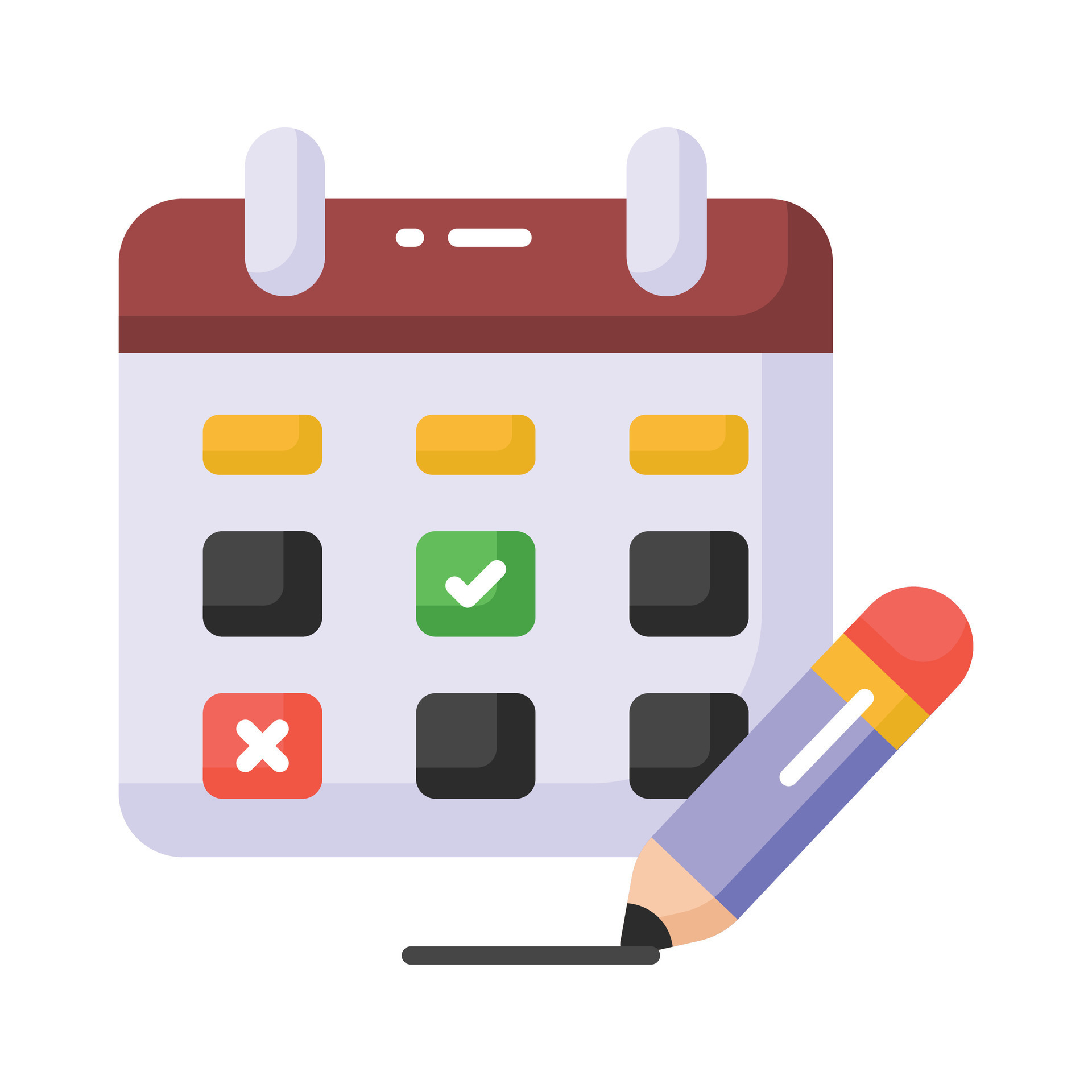 Check mark on calendar with pencil, depicting schedule planner vector