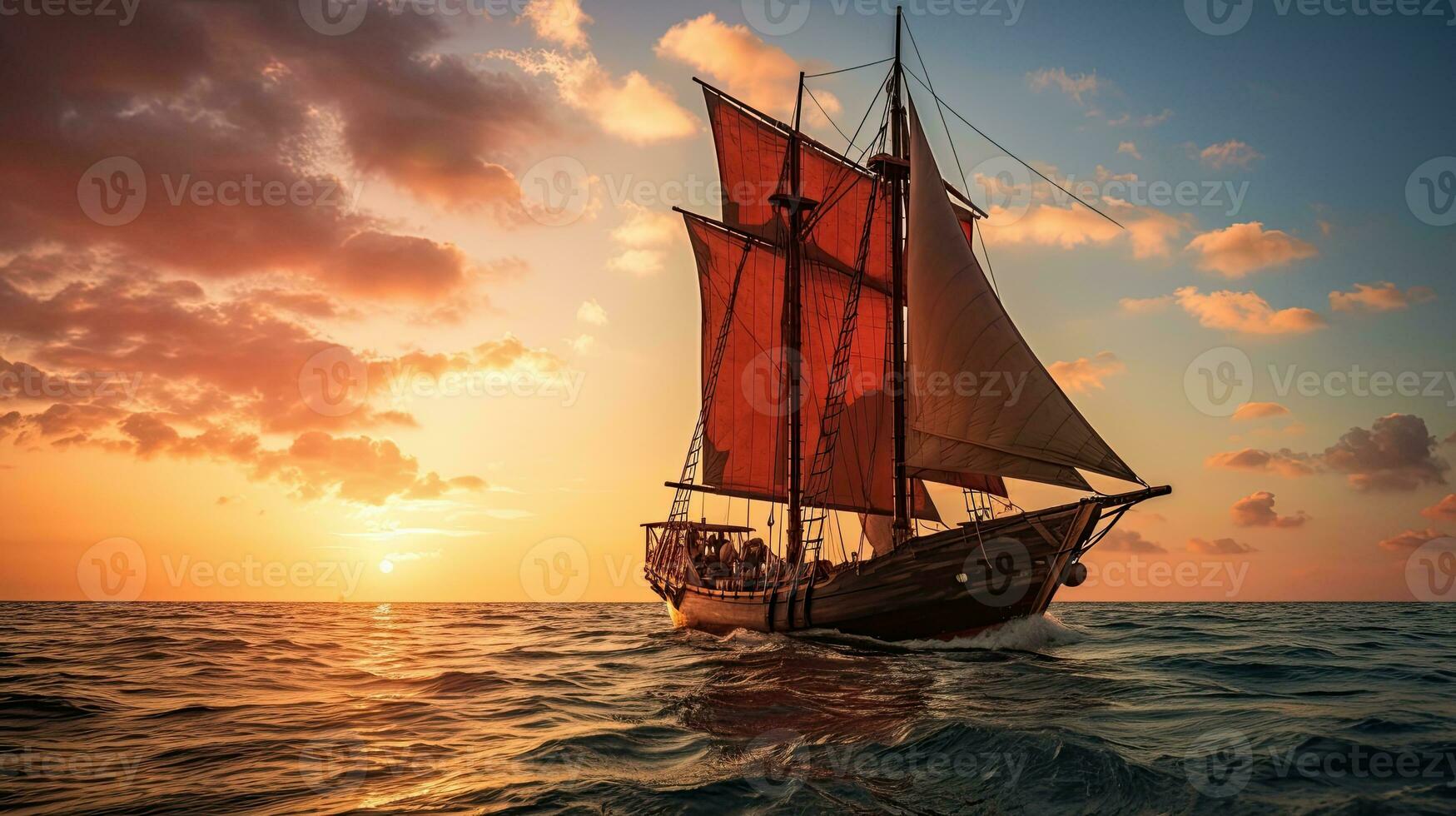 retrato Pinisi Embarcacion navegación en el mar con ligero exposición ai generativo foto