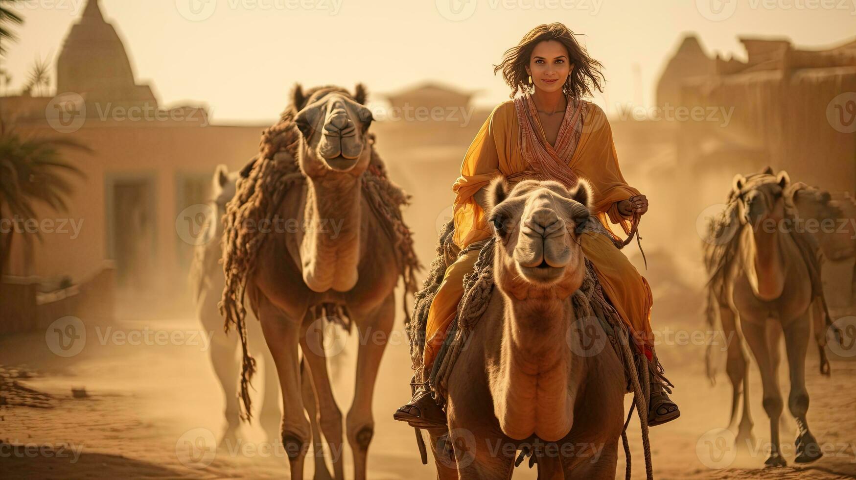 Portrait woman with camel in the savanna AI Generative photo