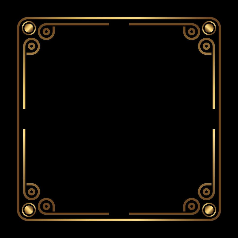 Art Deco Gold Square vector frame on black. Isolated metal border with empty space