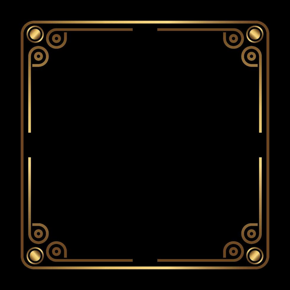 Art Deco Gold Square vector frame on black. Isolated metal border with empty space