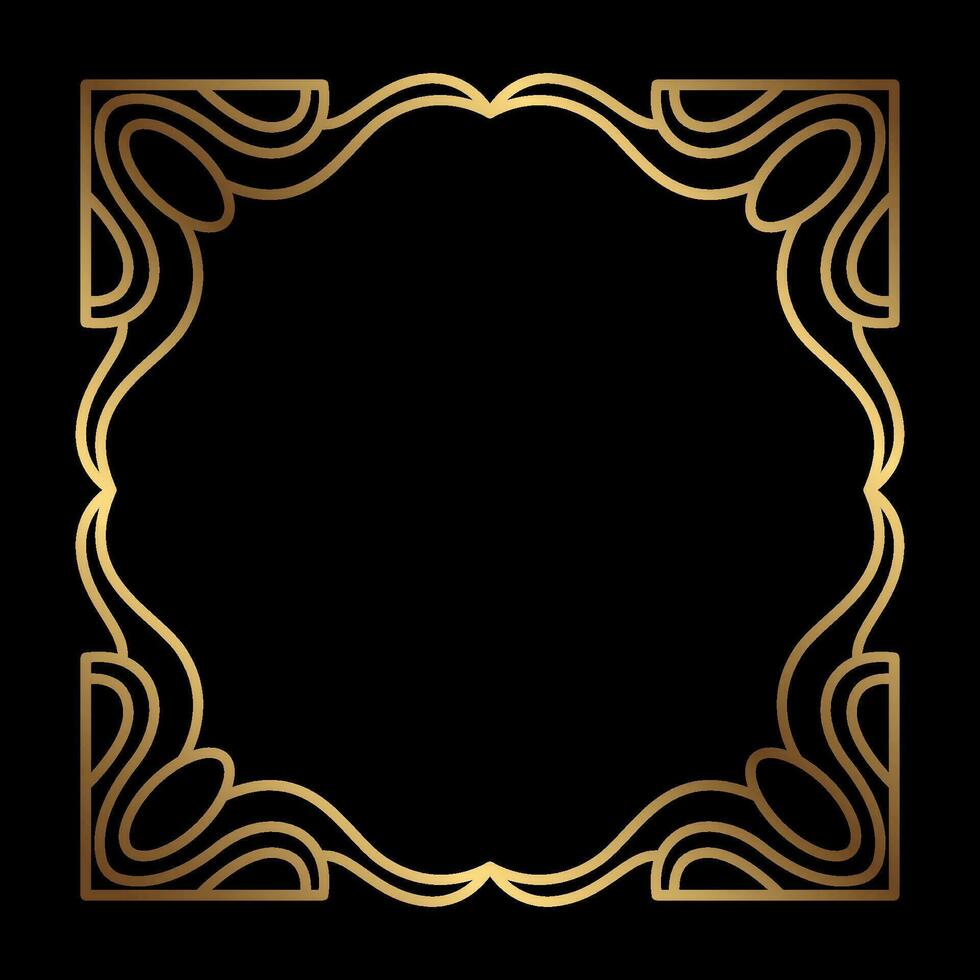Art Deco Gold Square vector frame on black. Isolated metal border with empty space