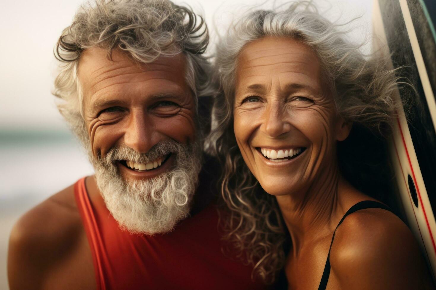 an elderly couple standing together holding a surfboard photo