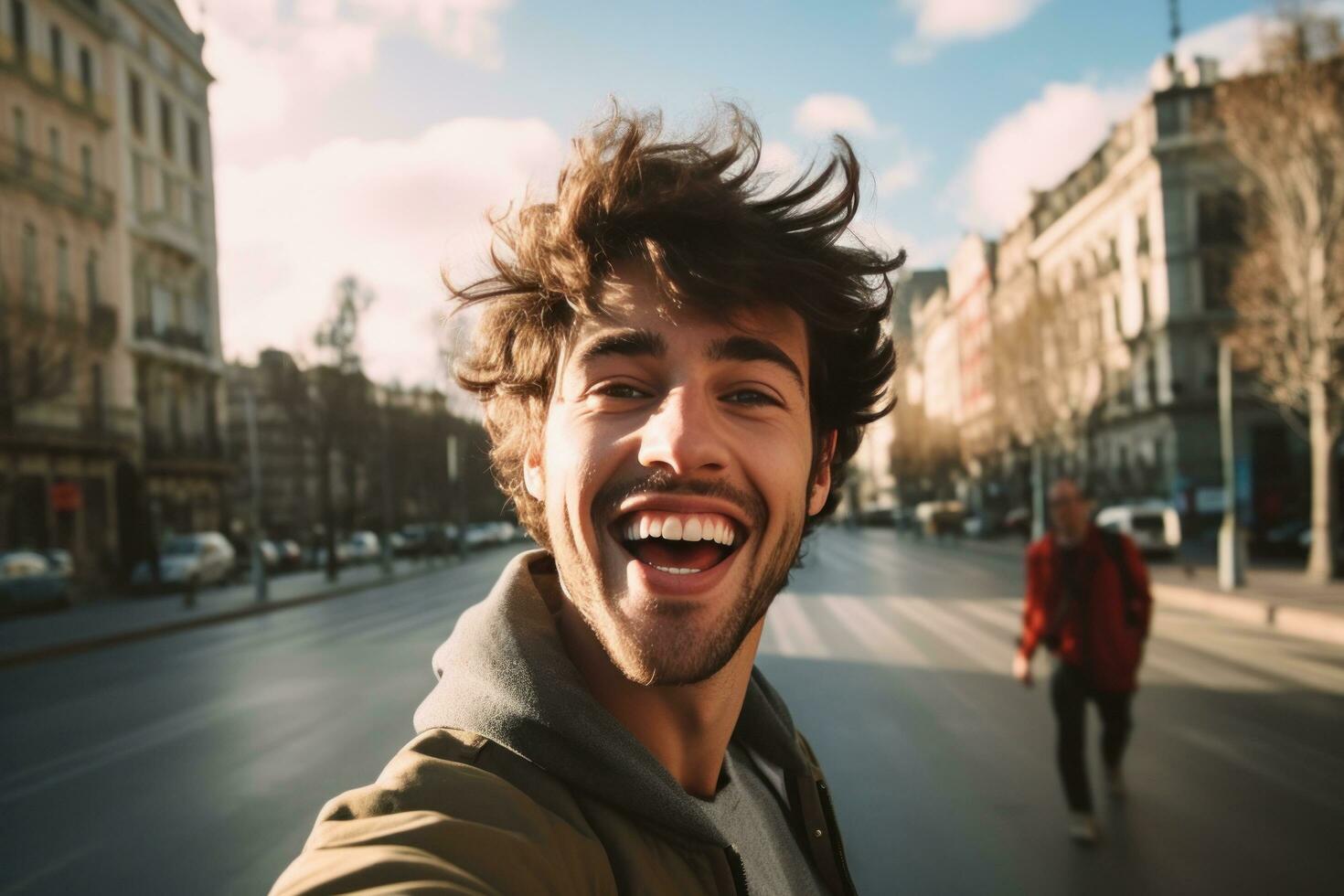 young man taking selfie in the streets photo