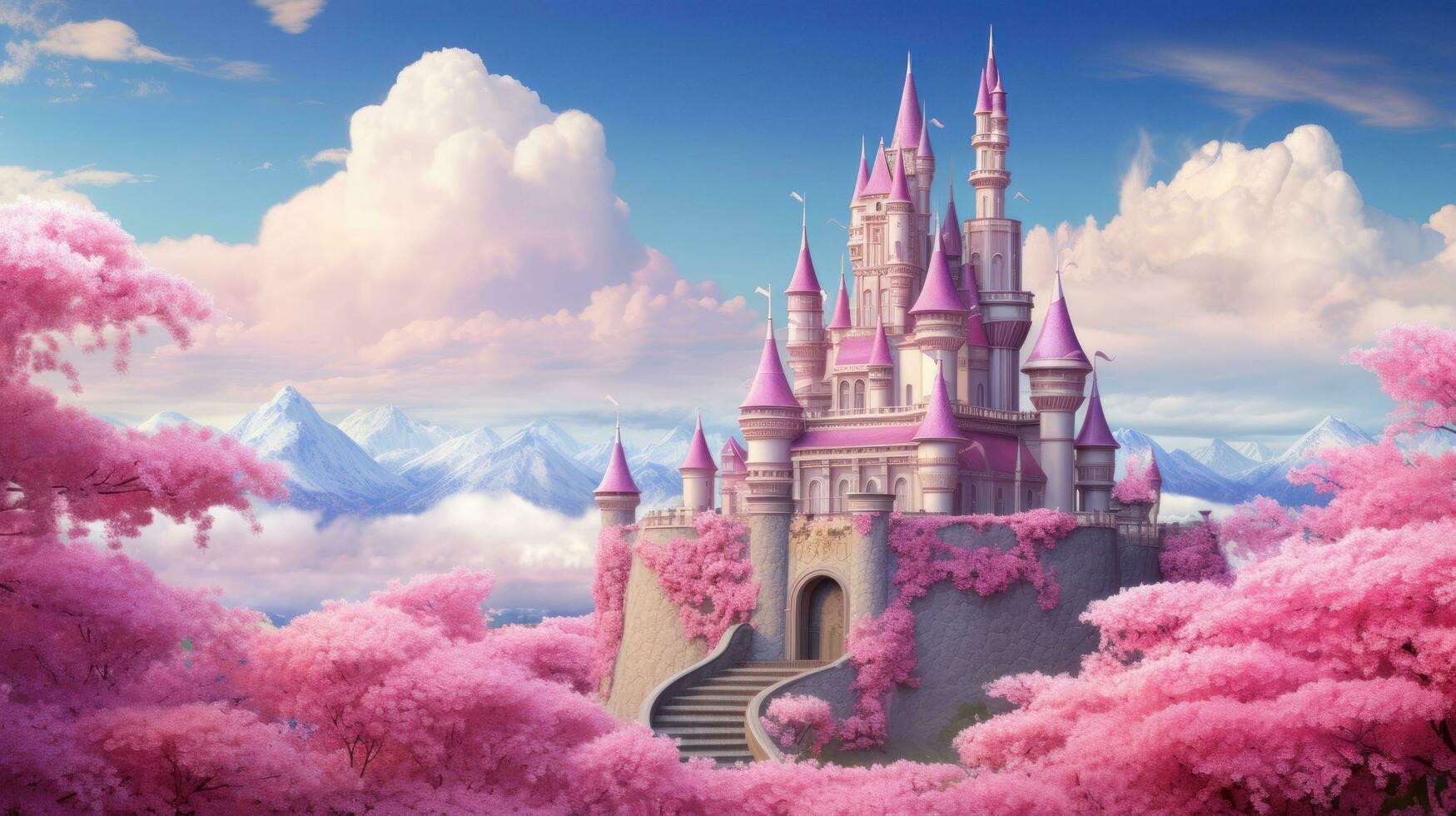 a fairy tale castle with pink cherry trees photo