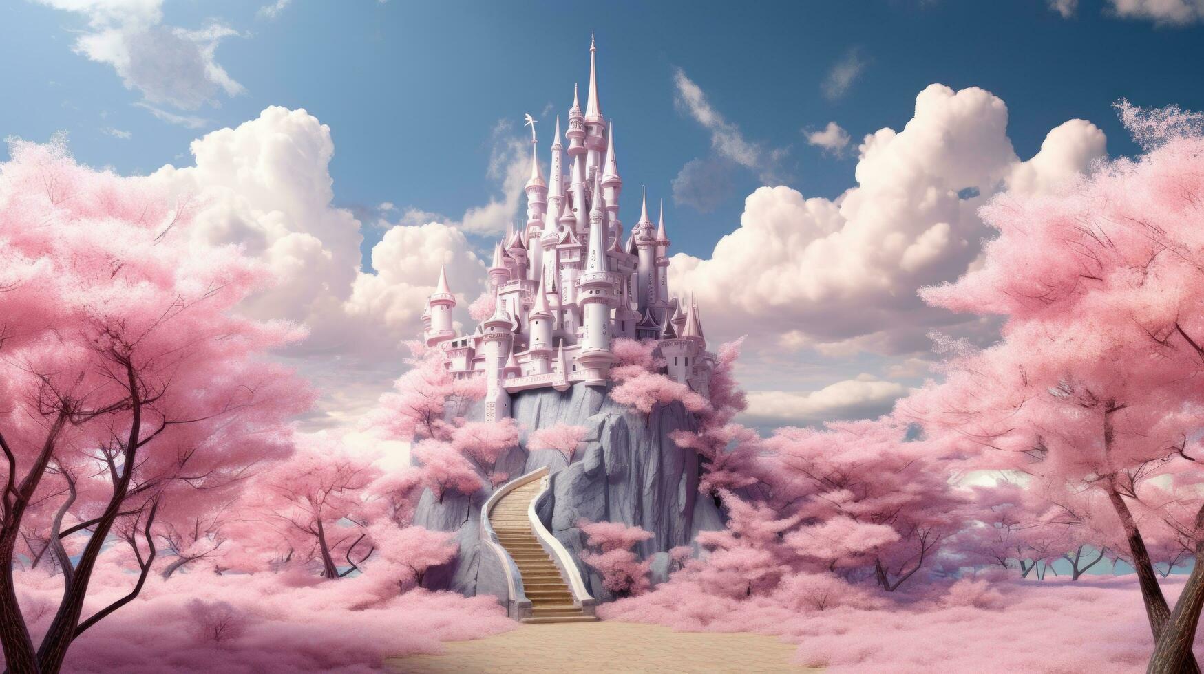 castle in cherry blossoms, in the style of photorealistic surrealism photo