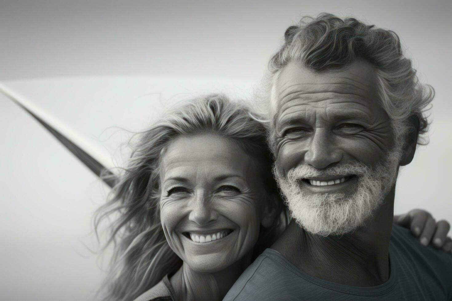 an elderly couple standing together holding a surfboard photo