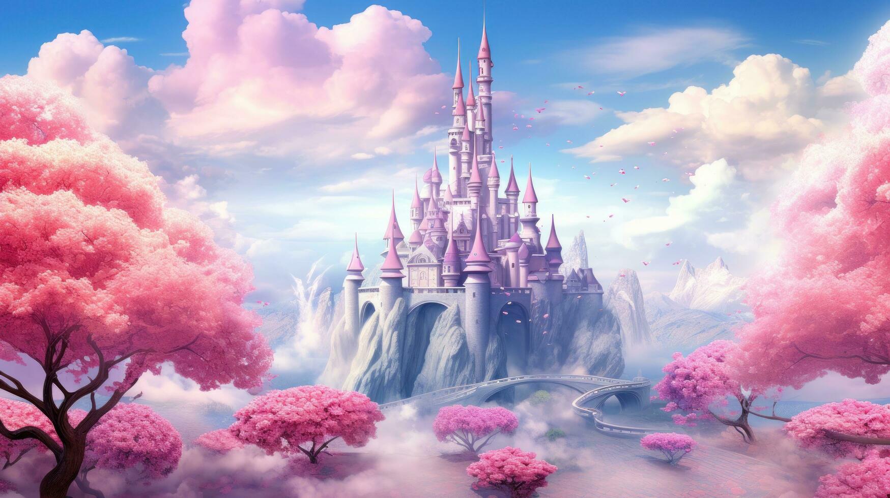 a fairy tale castle with pink cherry trees photo