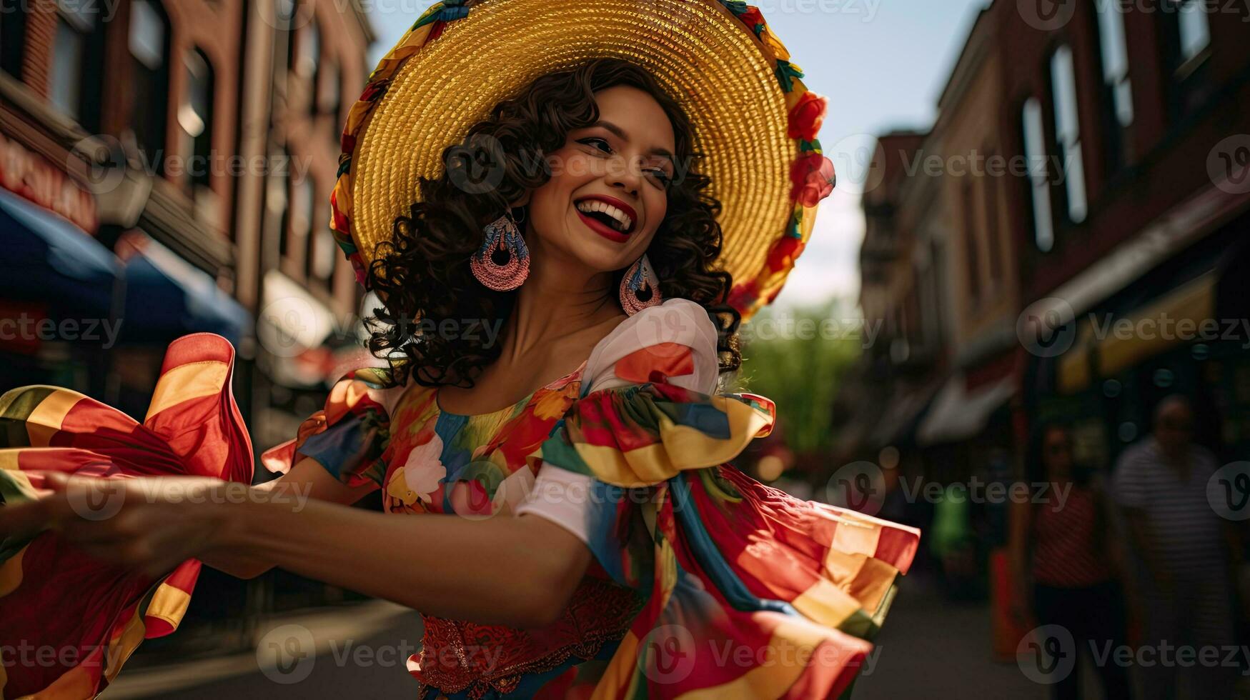 Portrait girl wearing sombrero dancing on the street of city AI Generative photo