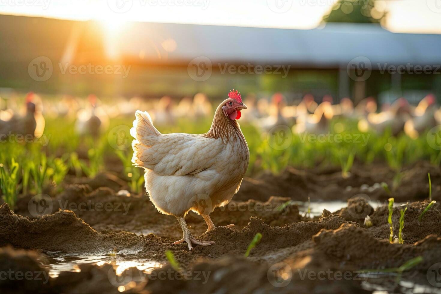 portrait of a chicken farm in the morning with sun exposure AI Generaticive photo