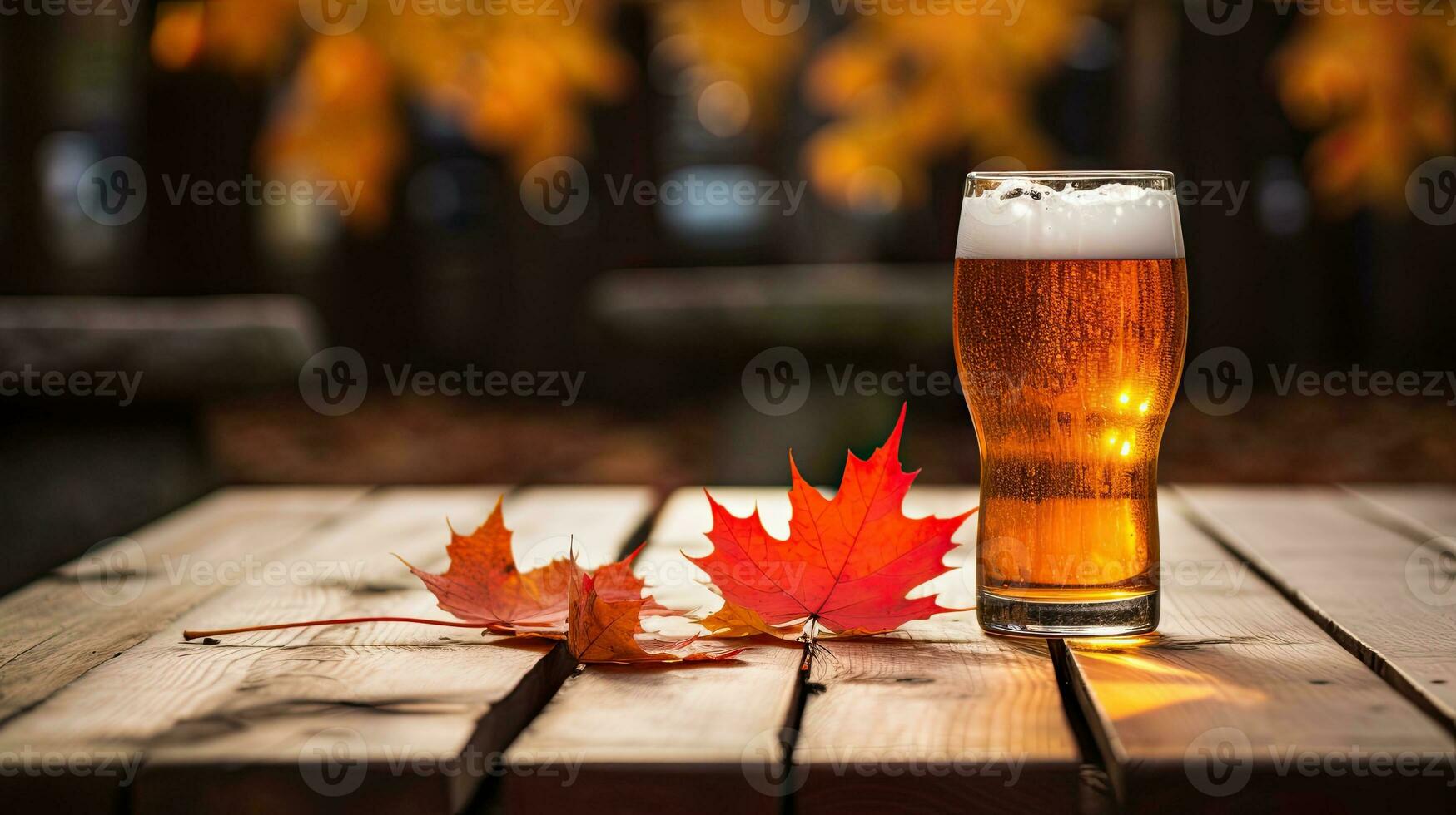 Portrait a glass of beer with autumn leaf on the table AI Generative photo