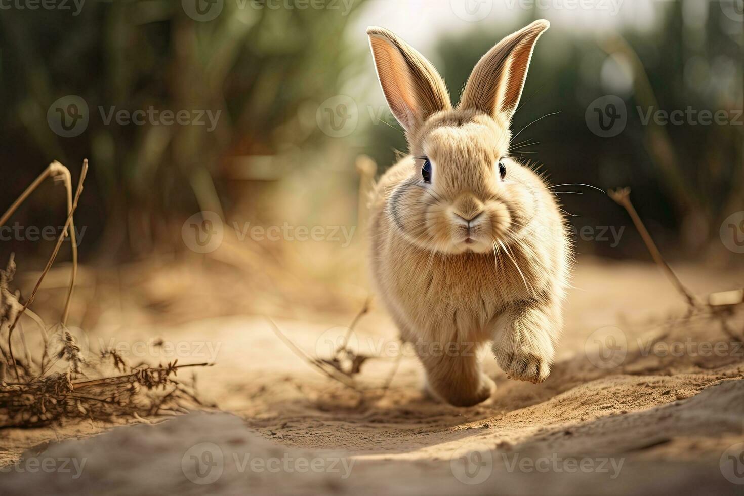 Portrait rabbit on the meadow with light exposure AI Generative photo