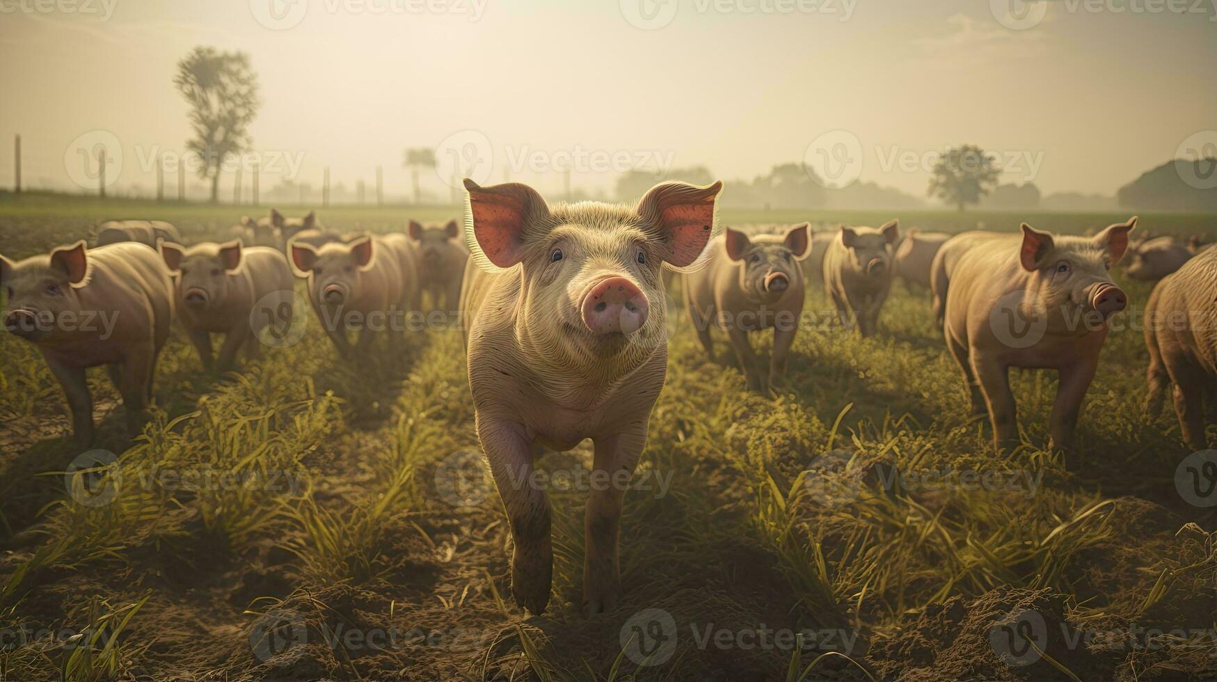 Portrait pig in the farm with light exposure AI Generative photo