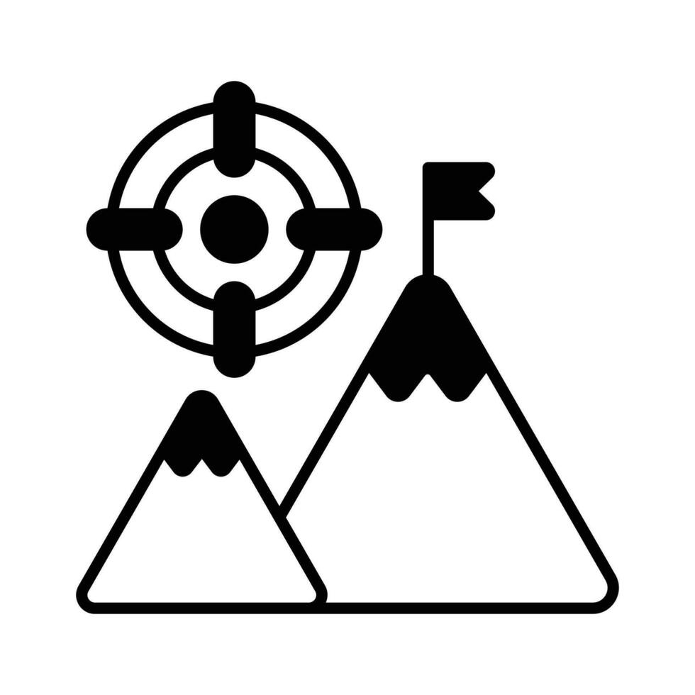 bandera en parte superior de montaña con objetivo, concepto icono de misión en de moda estilo vector