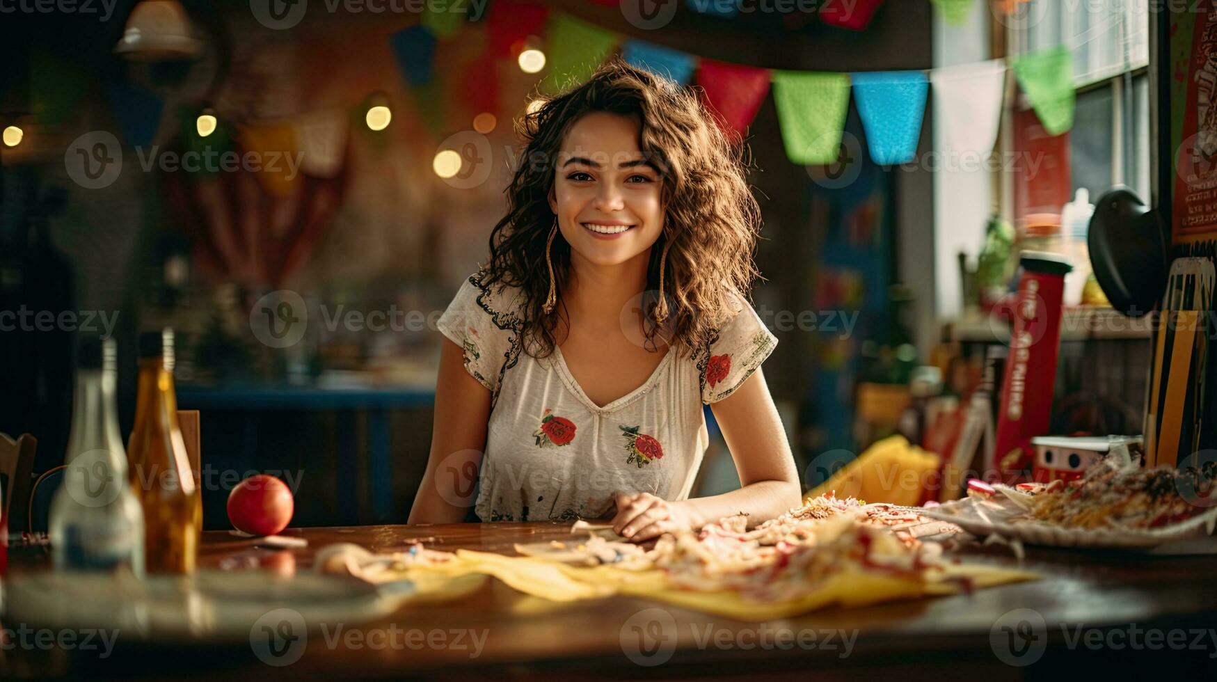 Portrait beautiful woman with tacos on the table AI Generative photo
