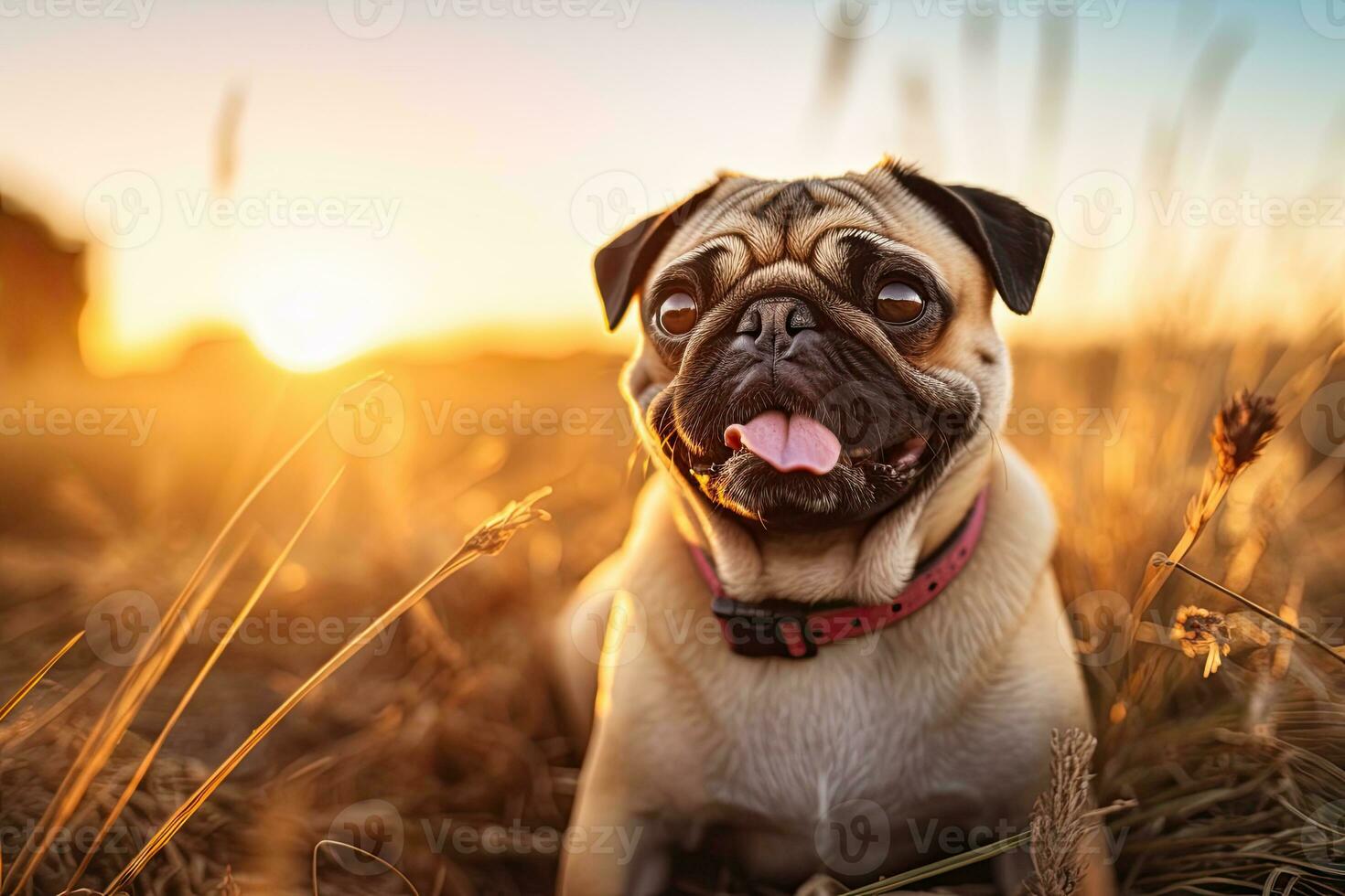 Portrait cute pug on the meadow with light exposure AI Generative photo