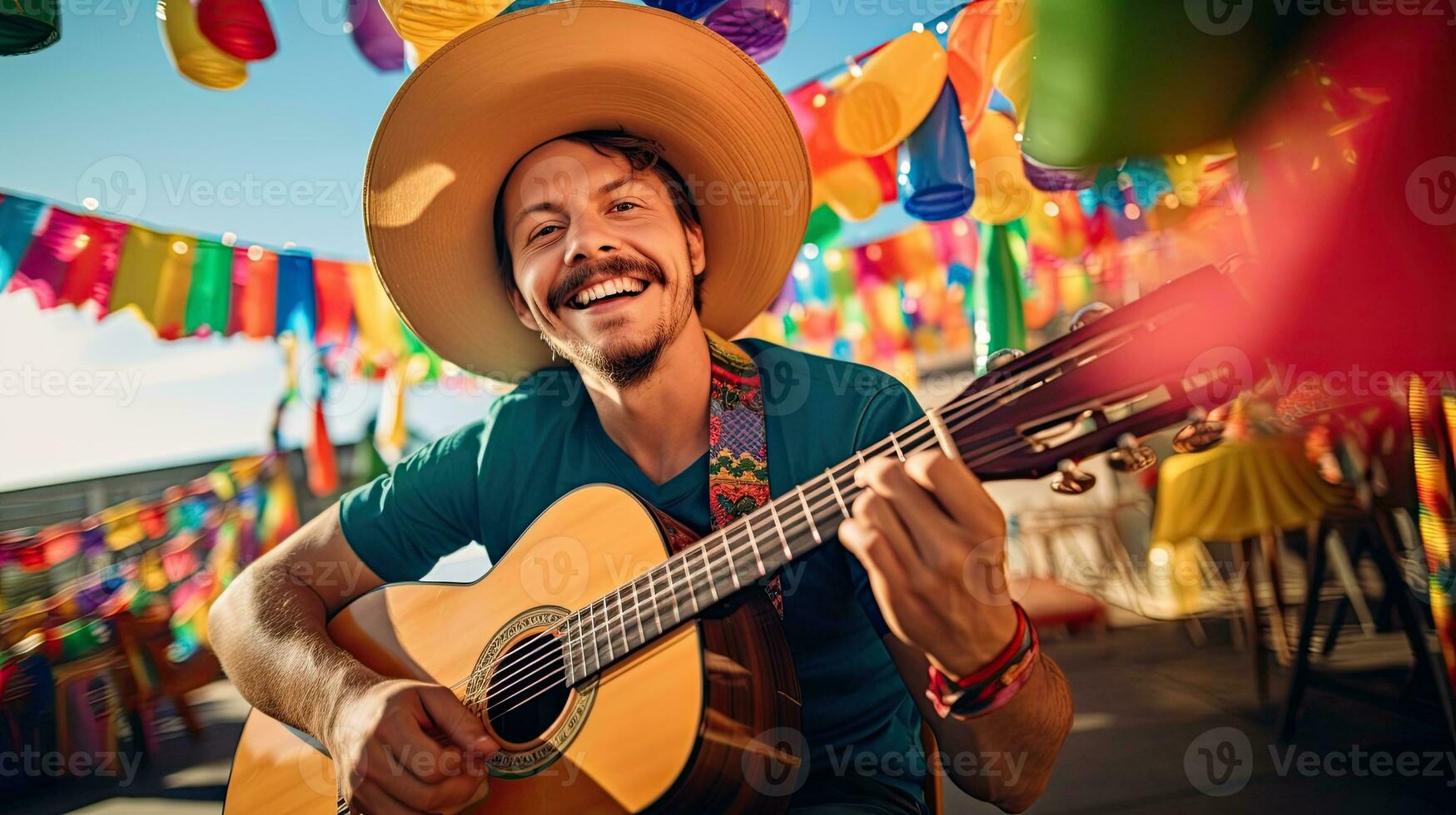 Portrait man wearing sombrero playing guitar AI Generative photo