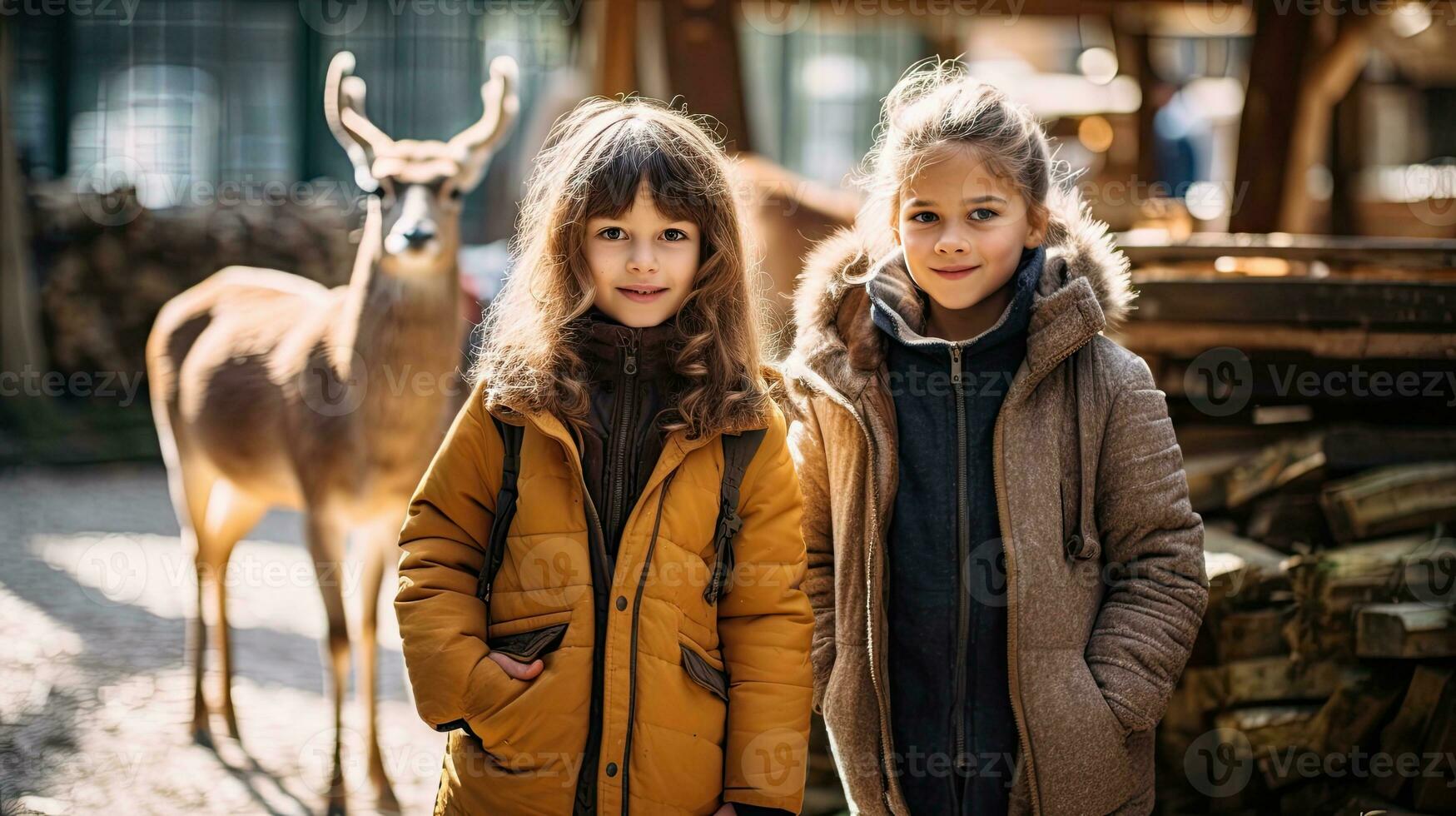 Portrait kids with deers in the zoo AI Generative photo