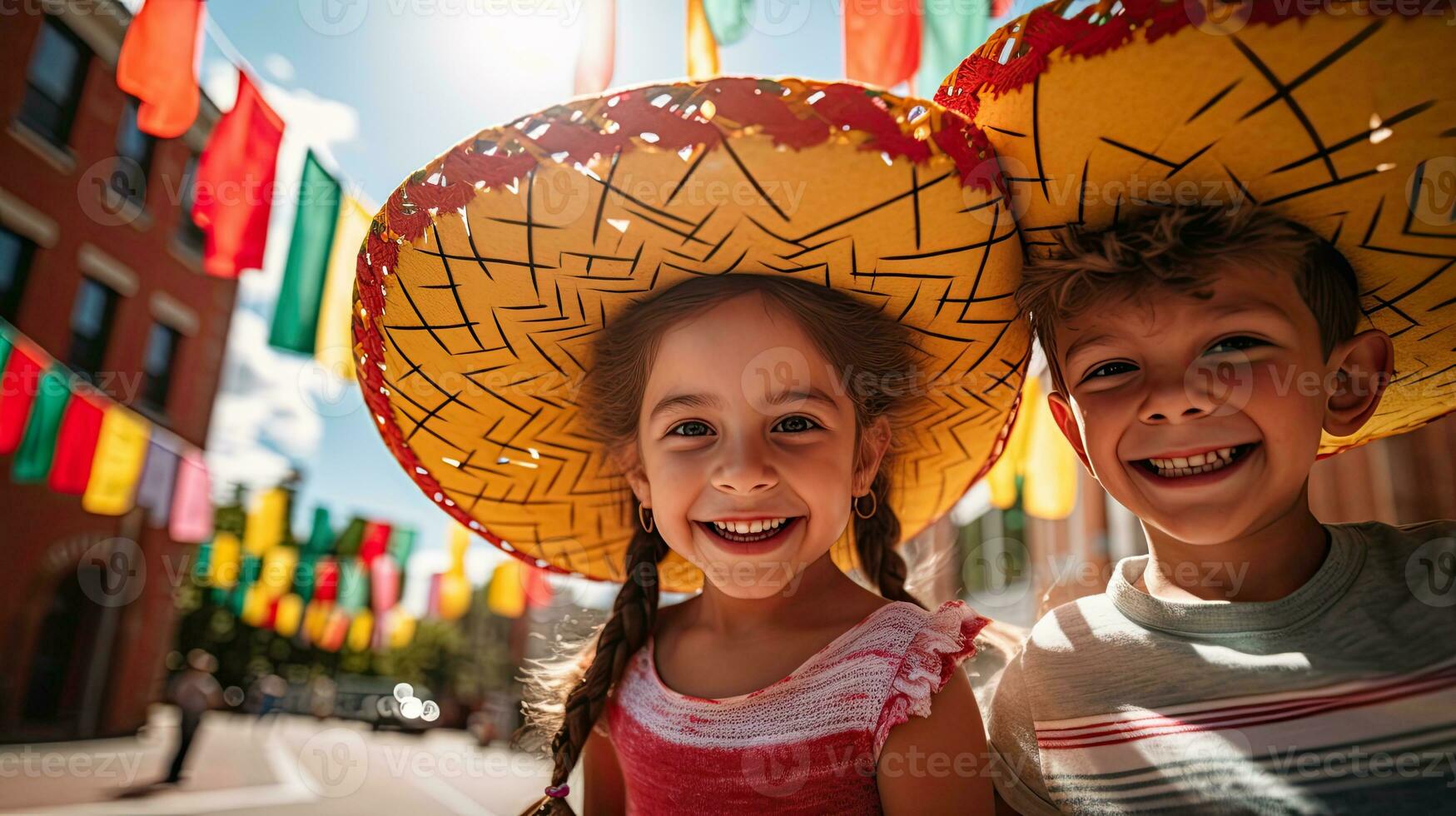 Portrait kids wearing sombrero smiling AI Generative photo