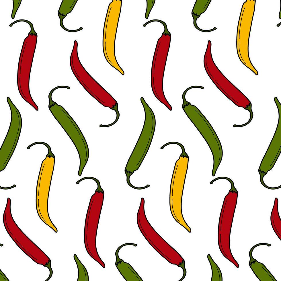 Abstract seamless pattern of colorful chili pepper in trendy bright shades red, green and yellow vector