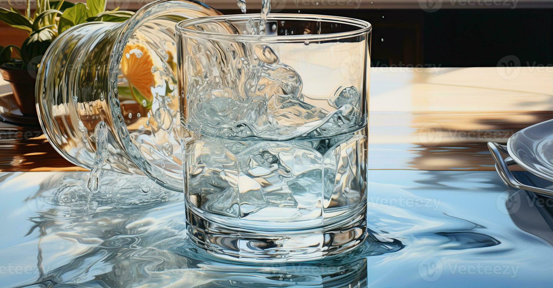 Glass of water being filled with water. Created with Generative AI photo