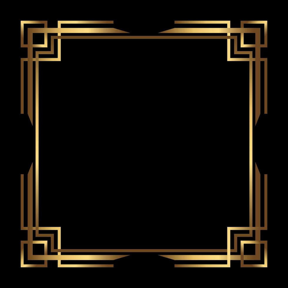 Art Deco Gold Square vector frame on black. Isolated metal border with empty space