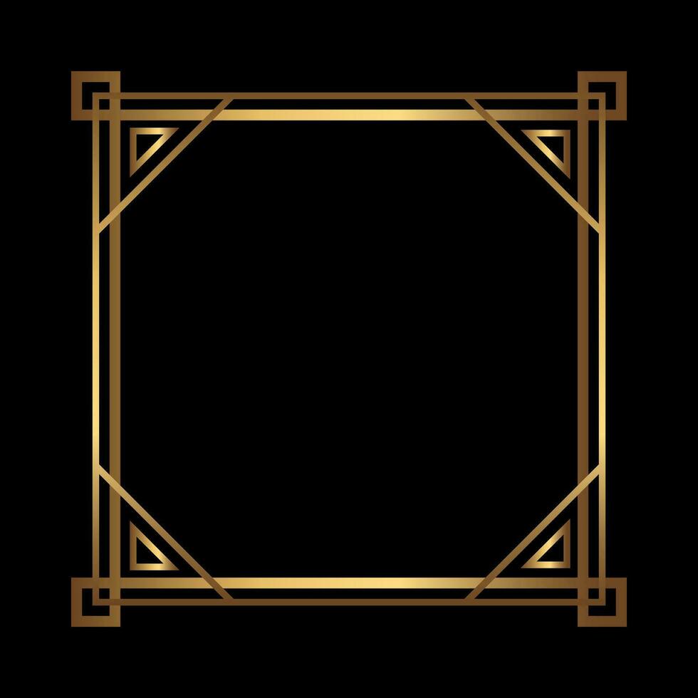 Art Deco Gold Square vector frame on black. Isolated metal border with empty space