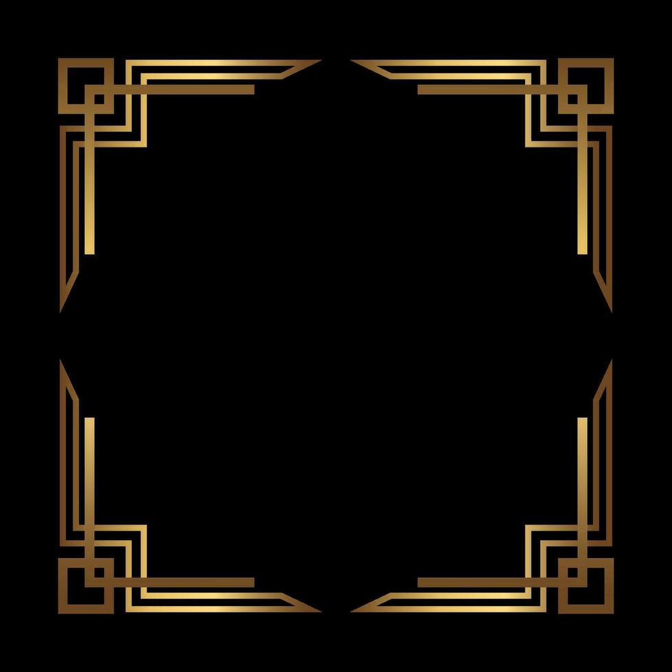 Art Deco Gold Square vector frame on black. Isolated metal border with empty space