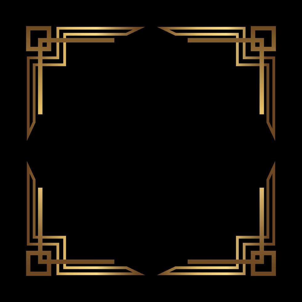 Art Deco Gold Square vector frame on black. Isolated metal border with empty space