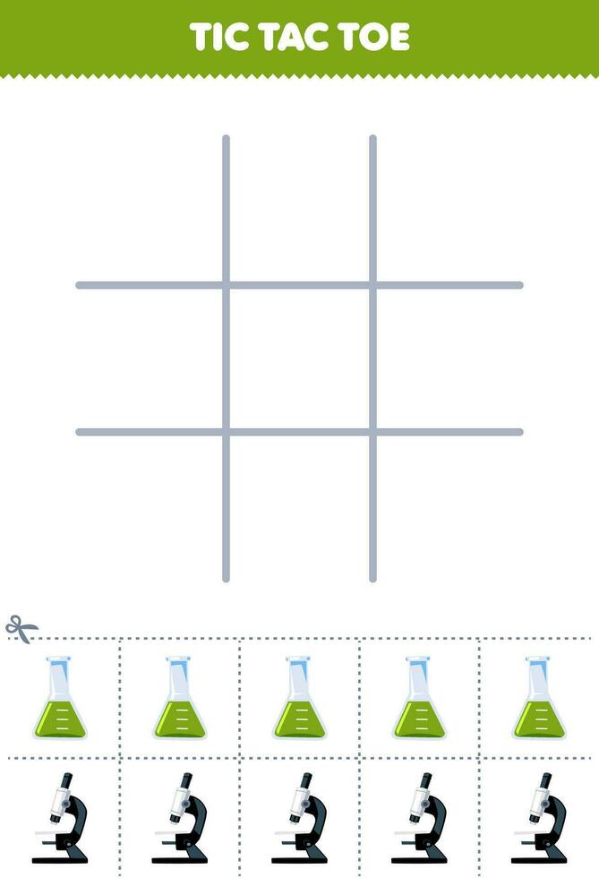 Education game for children tic tac toe set with cute cartoon flask and microscope picture printable tool worksheet vector