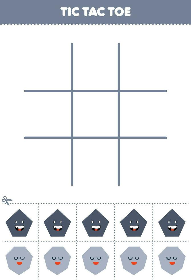 Education game for children tic tac toe set with cute cartoon pentagon and heptagon picture printable shape worksheet vector