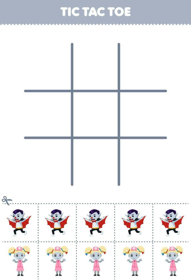 Education game for children tic tac toe set with cute cartoon dracula boy and zombie girl picture printable halloween worksheet vector