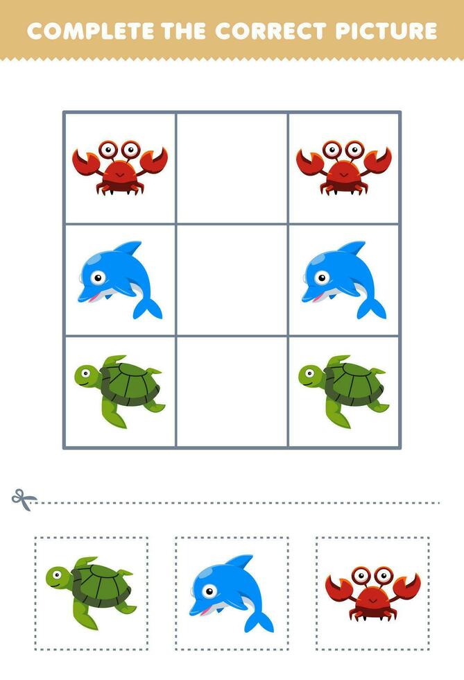 educación juego para niños completar el correcto imagen de un linda dibujos animados Tortuga delfín y cangrejo imprimible submarino hoja de cálculo vector