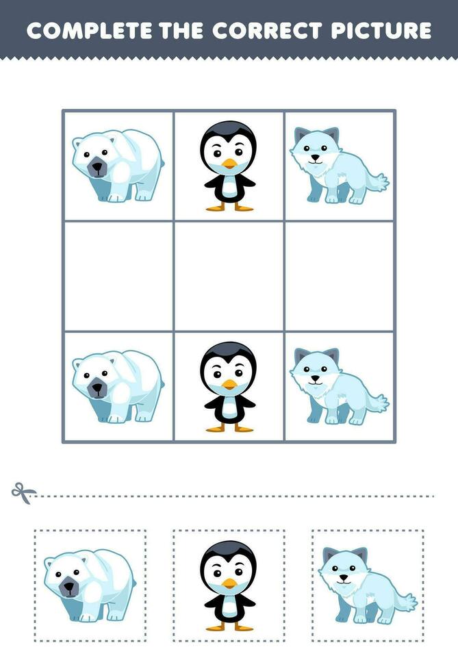 educación juego para niños completar el correcto imagen de un linda dibujos animados polar oso pingüino y ártico zorro imprimible invierno hoja de cálculo vector