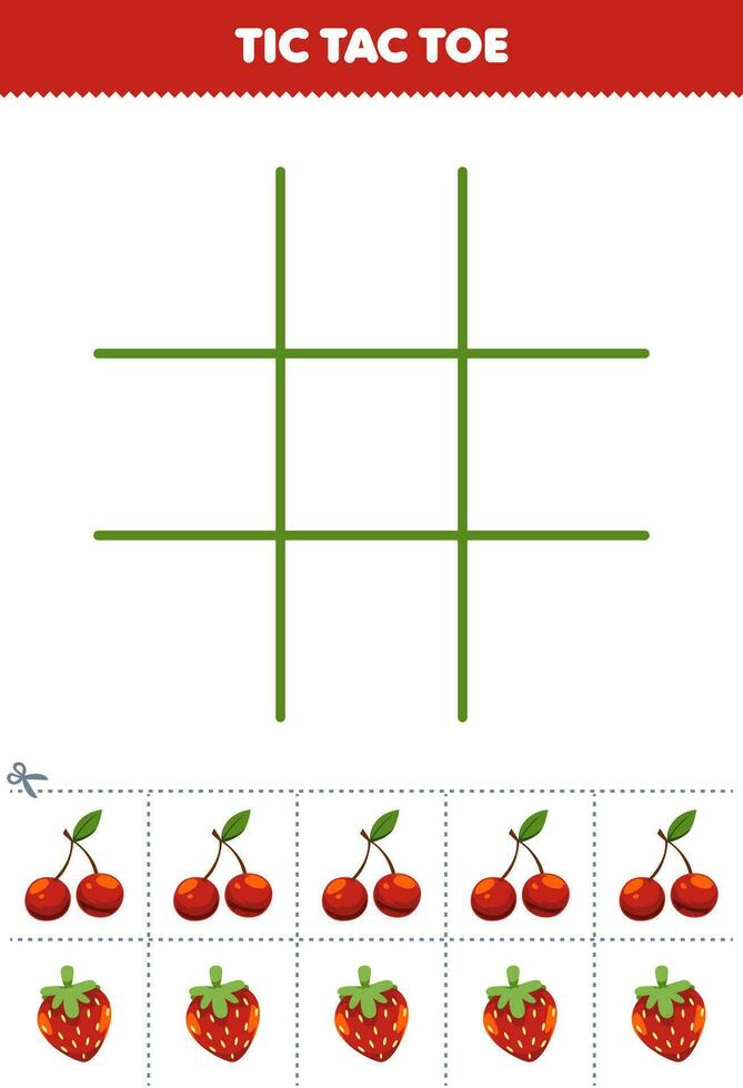 educación juego para niños tic tac dedo del pie conjunto con linda dibujos animados Cereza y fresa imagen imprimible Fruta hoja de cálculo vector