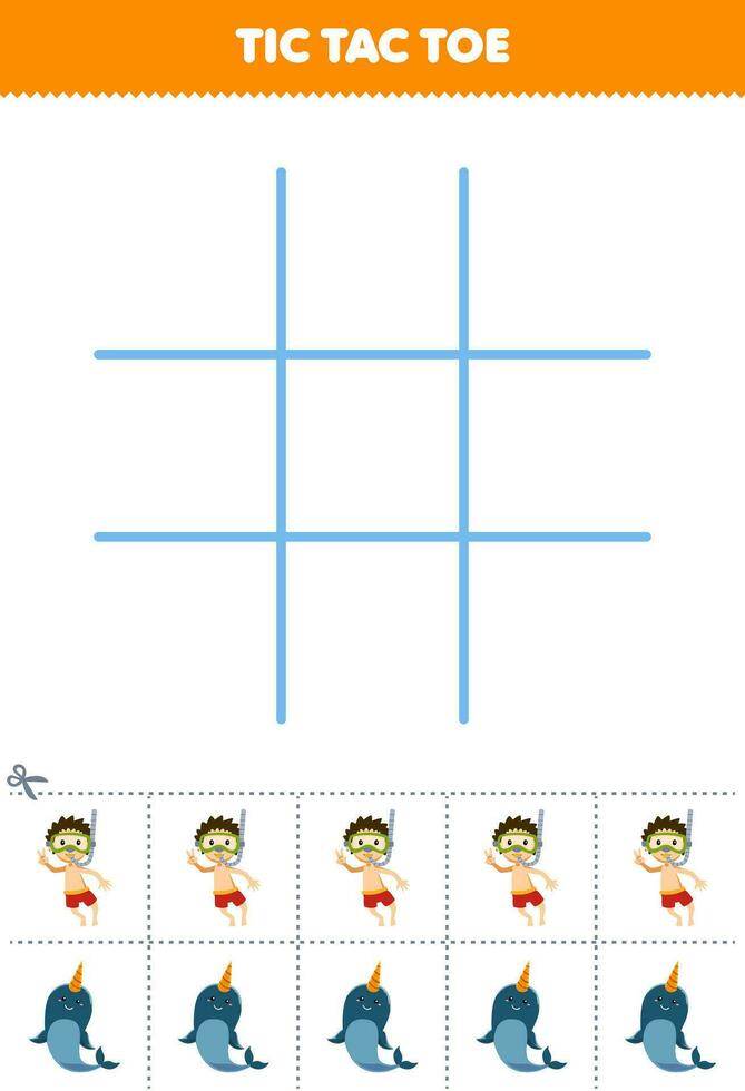 Education game for children tic tac toe set with cute cartoon diver and narwhale picture printable underwater worksheet vector