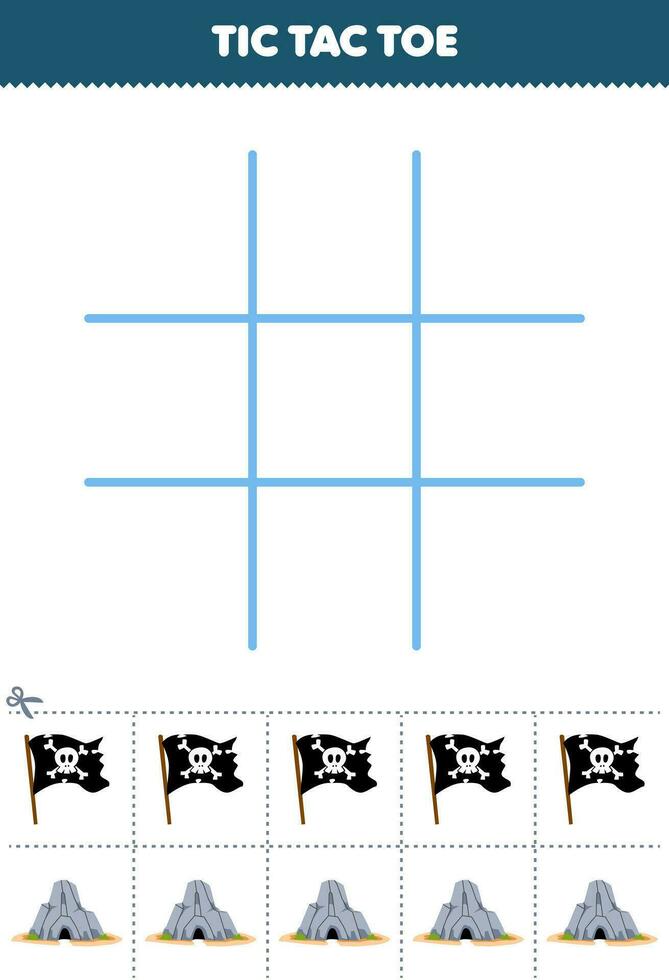Education game for children tic tac toe set with cute cartoon pirate flag and cave picture printable pirate worksheet vector