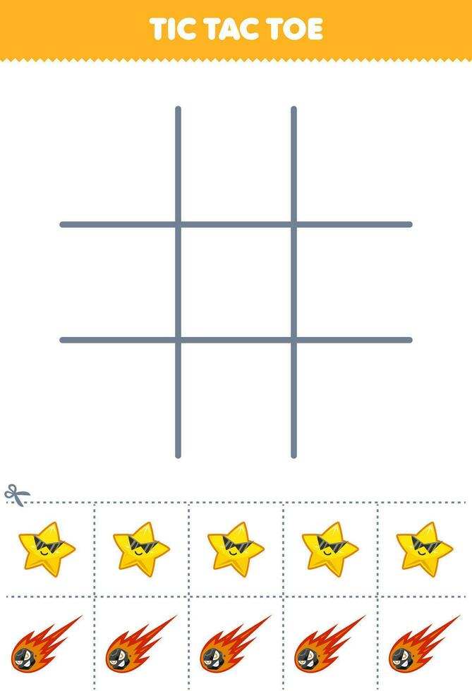 educación juego para niños tic tac dedo del pie conjunto con linda dibujos animados estrella y cometa imagen imprimible solar sistema hoja de cálculo vector