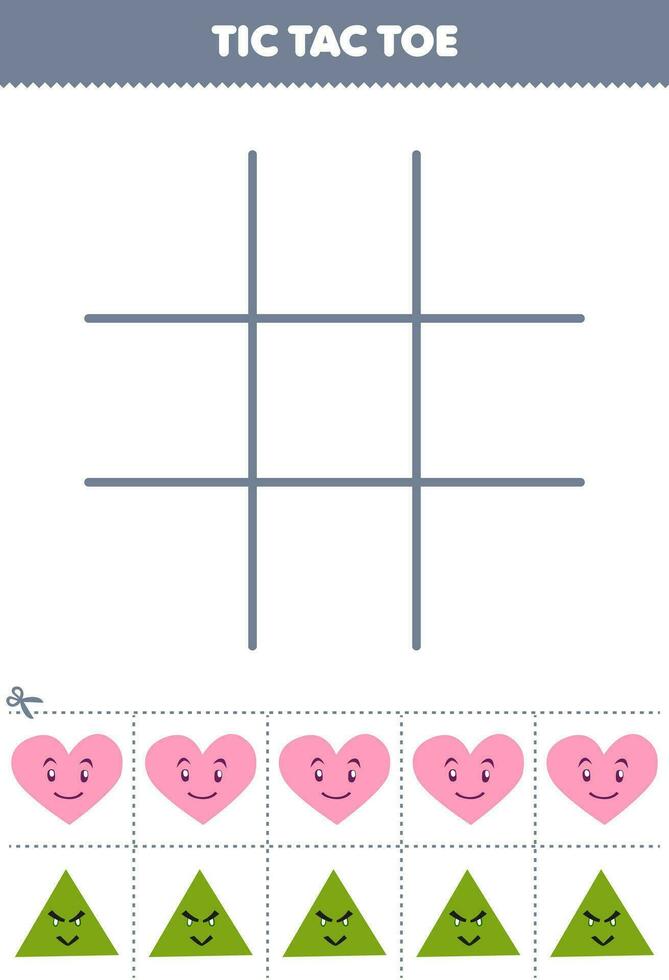 Education game for children tic tac toe set with cute cartoon heart and triangle picture printable shape worksheet vector