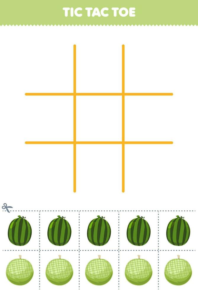 Education game for children tic tac toe set with cute cartoon watermelon and melon picture printable fruit worksheet vector