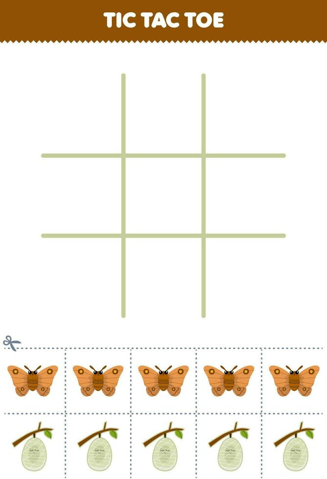 Education game for children tic tac toe set with cute cartoon moth and cocoon picture printable bug worksheet vector