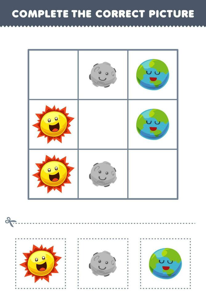 Education game for children complete the correct picture of a cute cartoon sun moon and earth planet printable solar system worksheet vector