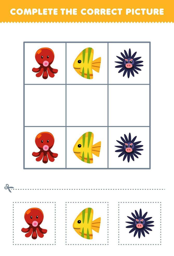 Education game for children complete the correct picture of a cute cartoon octopus fish and urchin printable underwater worksheet vector