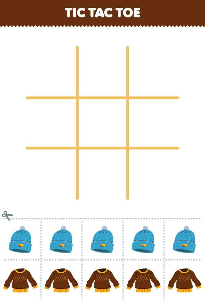Education game for children tic tac toe set with cute cartoon beanie hat and sweater picture printable wearable clothes worksheet vector