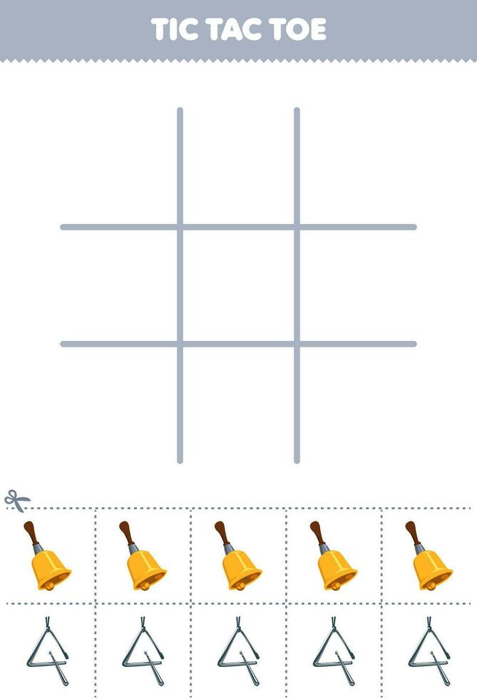 Education game for children tic tac toe set with cute cartoon bell and triangle picture printable music instrument worksheet vector