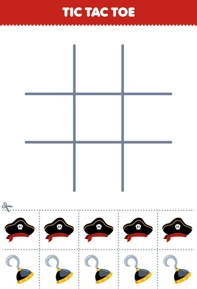 educación juego para niños tic tac dedo del pie conjunto con linda dibujos animados pirata sombrero y gancho imagen imprimible pirata hoja de cálculo vector